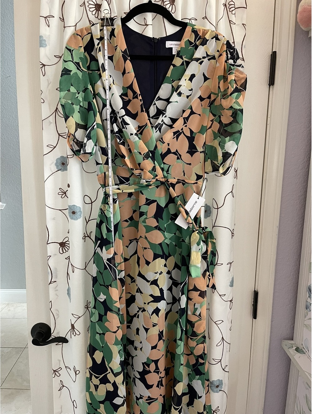 Liz Claiborne | 10 | Green Leaf Print Puff Sleeve Faux Wrap Midi NWT
